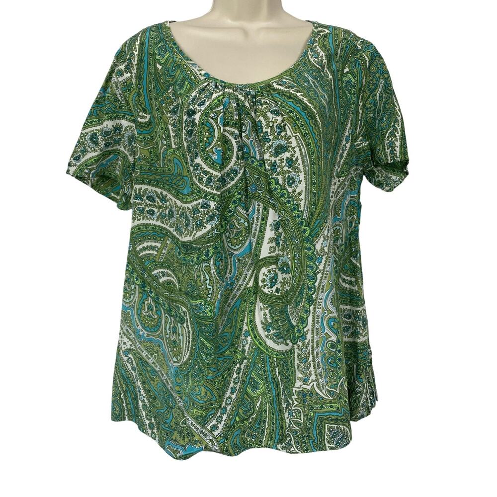 Talbots Silk Blend Top 16W Green Paisley Scoop Neck Short Sleeve Lightweight